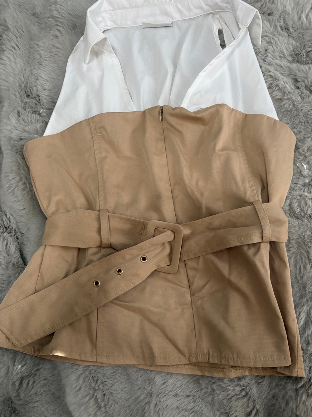Strapless Belted Corset Jacket in Camel and White